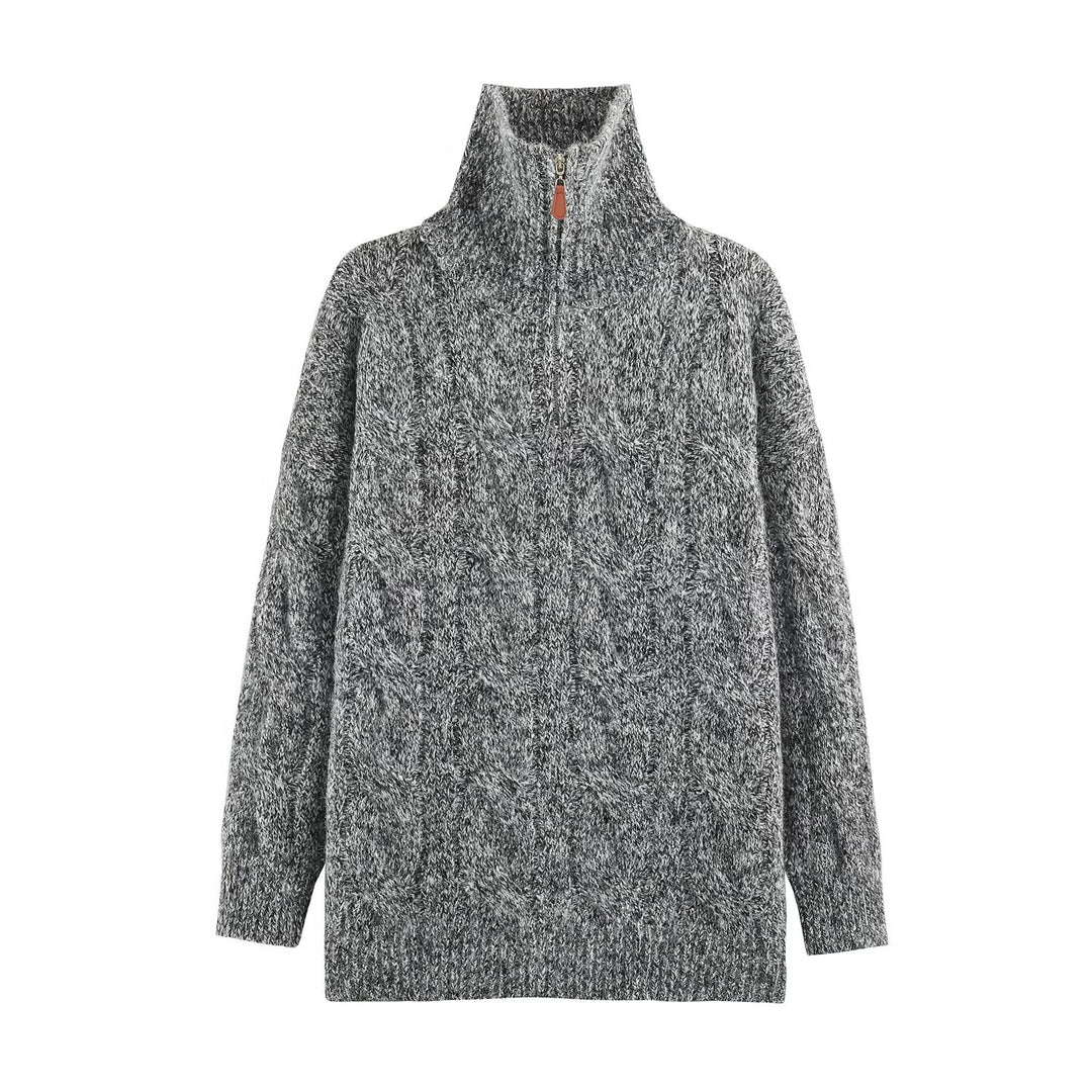 Women's Chunky Knit Long Sweater with Cable Pattern and Half-High Zip Collar Mune Fashion