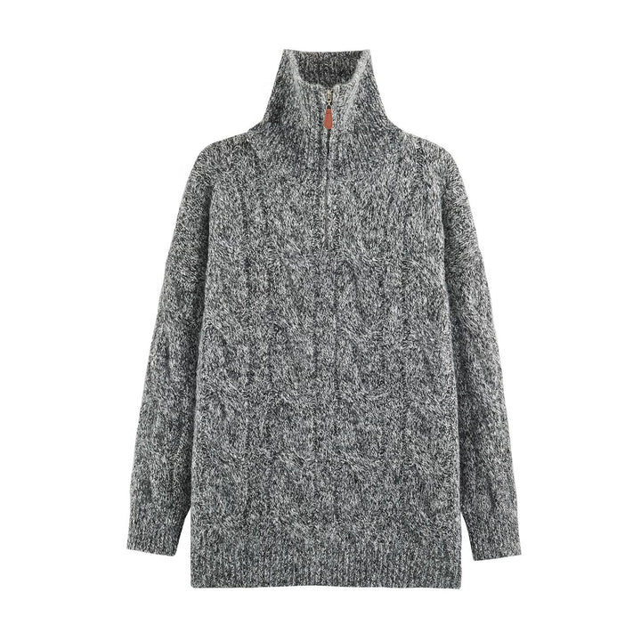 Women's Chunky Knit Long Sweater with Cable Pattern and Half-High Zip Collar Mune Fashion