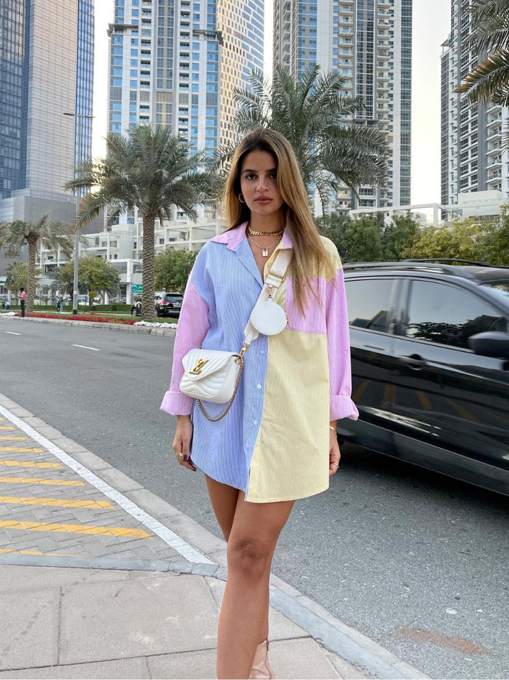 Women nan oversized shirt blouse with block stripes and chest pocket Mune Fashion