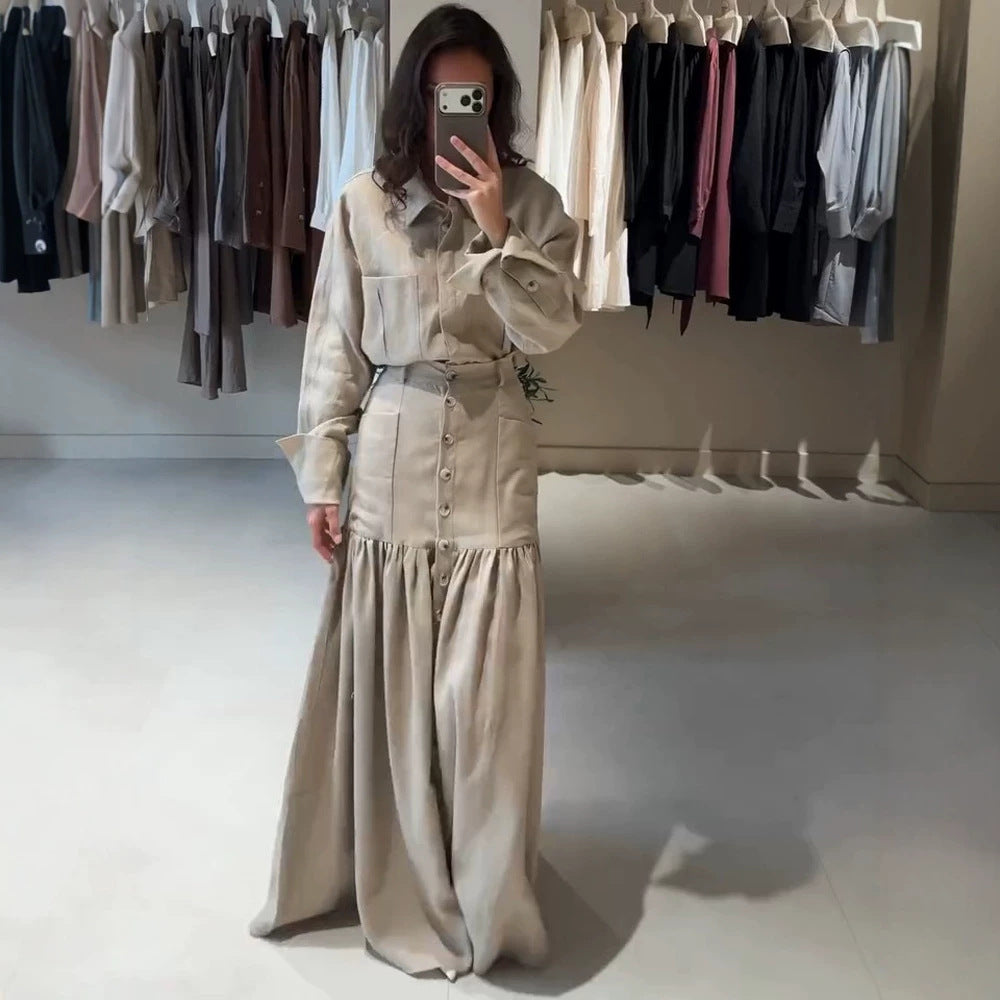 Women Two-Piece Oversized Shirt and Maxi Skirt Set with High Waist & Continuous Button Placket Mune Fashion