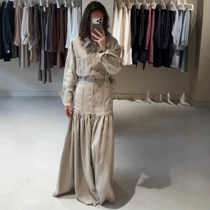 Women Two-Piece Oversized Shirt and Maxi Skirt Set with High Waist & Continuous Button Placket Mune Fashion