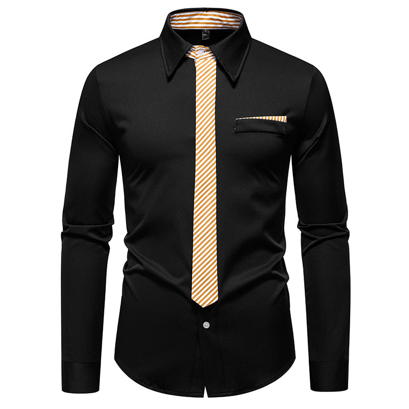 Men's Slim-Fit Business Shirt with Integrated Tie Look and Chest Pocket Mune Fashion