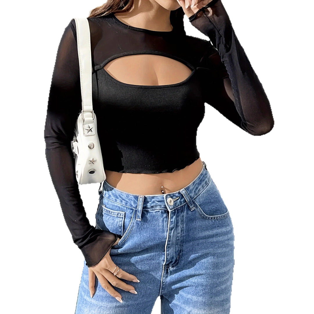 Women's layered crop top with chest cut-out, bustier lining, and transparent long sleeves Mune Fashion