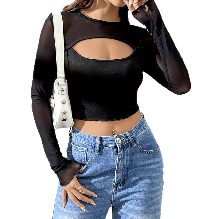 Women's layered crop top with chest cut-out, bustier lining, and transparent long sleeves Mune Fashion