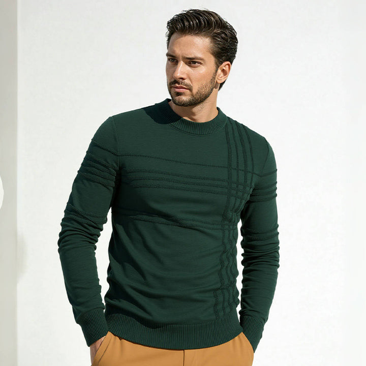 Men's Structured Fine Knit Pullover with Round Neck and Decorative Stripe Relief Seams Mune Fashion