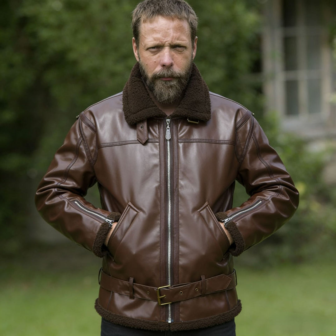 Men's faux leather aviator jacket with teddy lining, zip pockets, and waist belt Mune Fashion