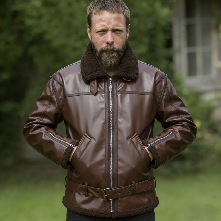 Men's faux leather aviator jacket with teddy lining, zip pockets, and waist belt Mune Fashion