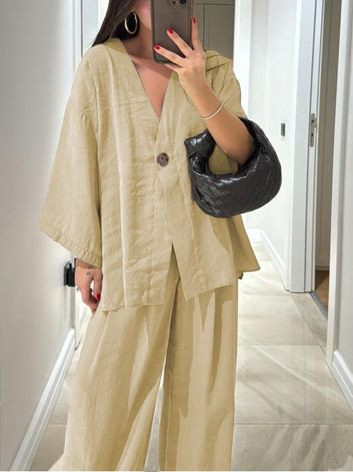 Women nan loose linen look two-piece with kimono blazer and wide palazzo pants Mune Fashion