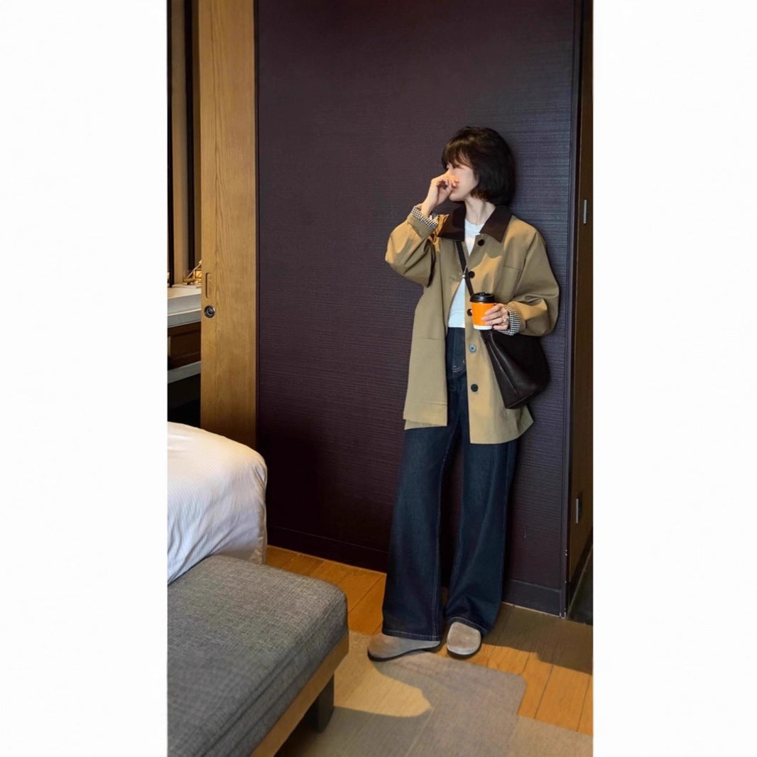 Womens Wide Short Jacket in Cabana Style with Contrast Collar Mune Fashion