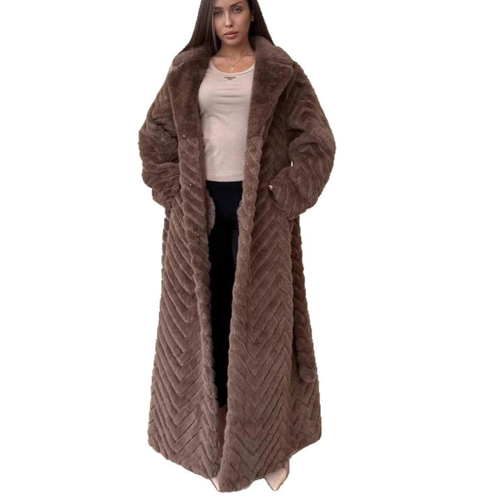 Women's Maxi Faux Fur Coat with Hood and Chevron Quilting Mune Fashion