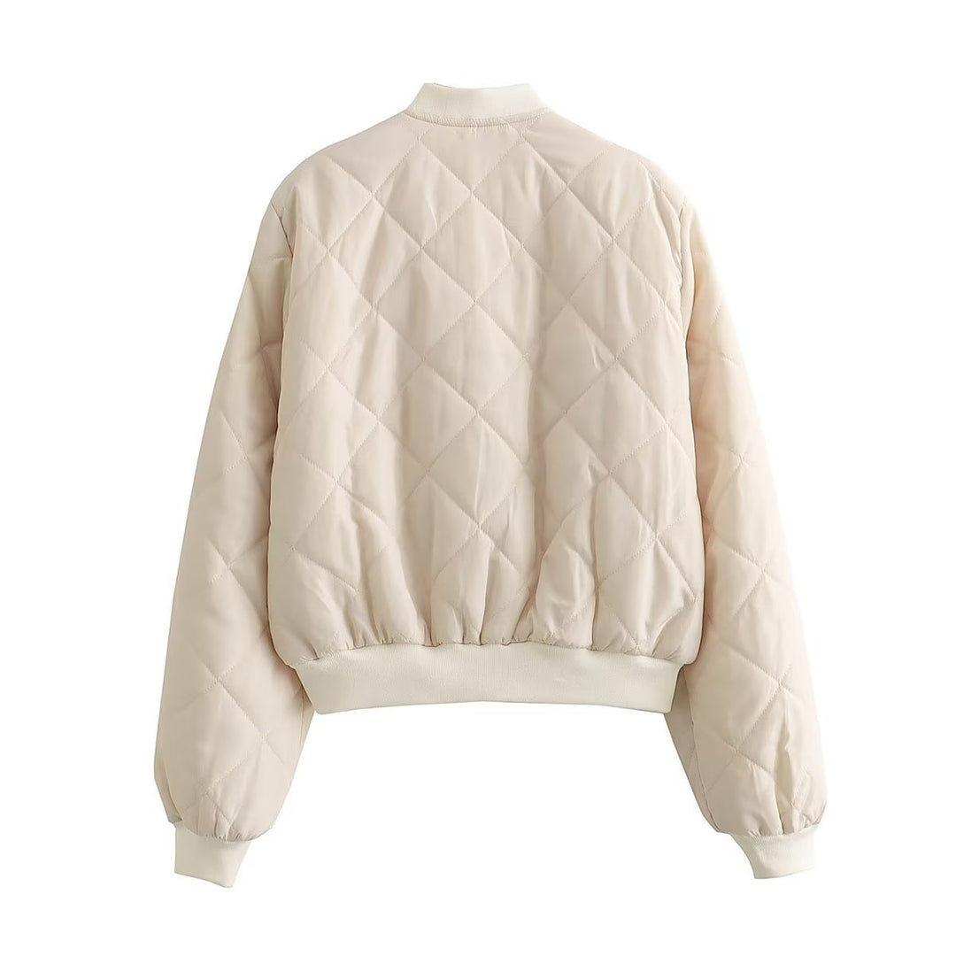 Women's quilted bomber jacket with diamond quilting, ribbed cuffs, and concealed snap button placket Mune Fashion