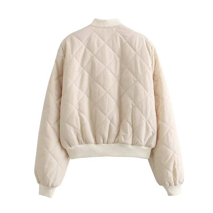 Women's quilted bomber jacket with diamond quilting, ribbed cuffs, and concealed snap button placket Mune Fashion