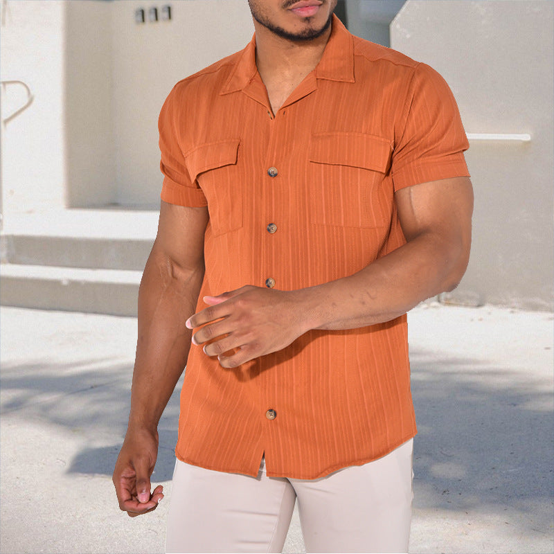 Men's Tailored Short Sleeve Shirt with Structure Stripes, Camp Collar and Chest Pockets Mune Fashion