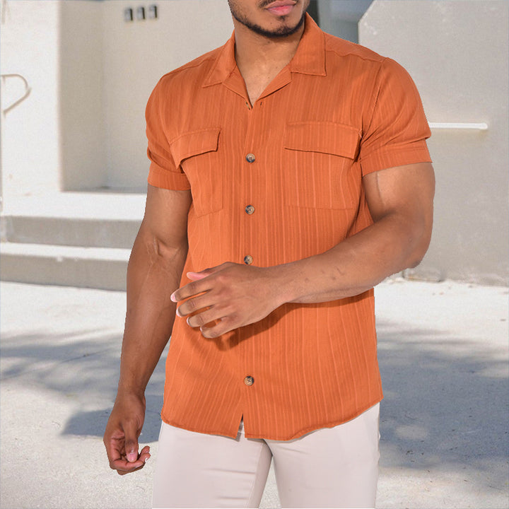 Men's Tailored Short Sleeve Shirt with Structure Stripes, Camp Collar and Chest Pockets Mune Fashion