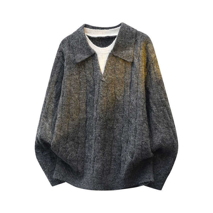 Women's Oversize Cable Knit Sweater with Polo Collar & Layered Look Mune Fashion