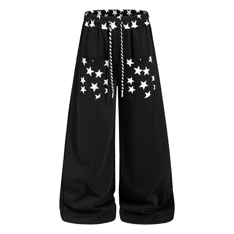Women's extra wide palazzo sweatpants with comfort waistband, drawstring and star appliqué Mune Fashion