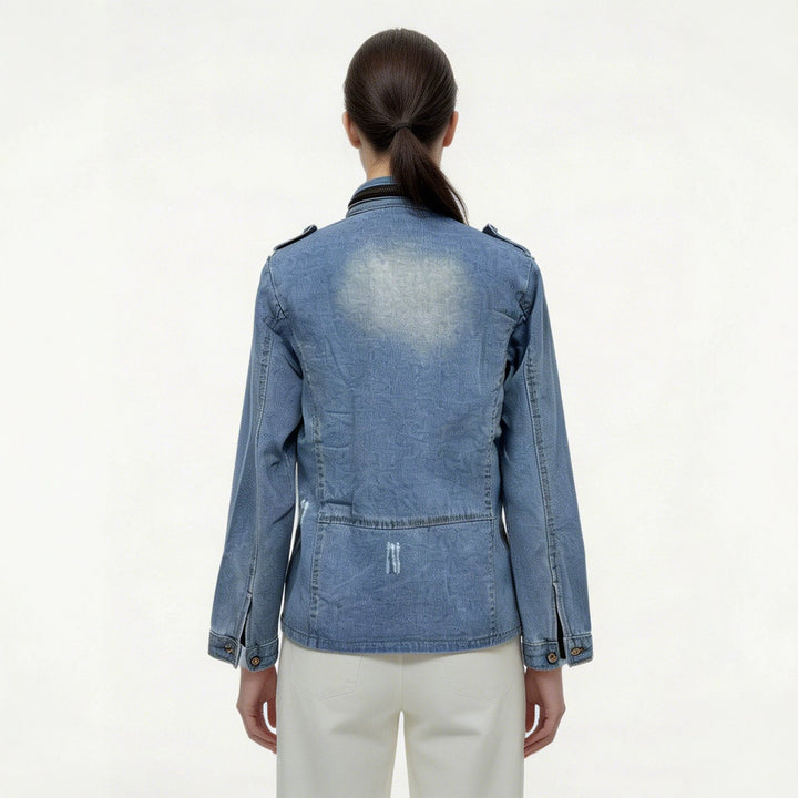 Women's tailored military denim jacket with stand-up collar, flap pockets and subtle used details Mune Fashion