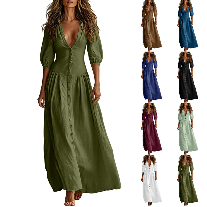 Ladies max dress with deep V-neck, button placket and balloon sleeves Mune Fashion