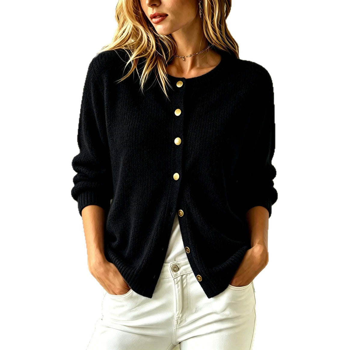 Women's Cozy Knit Cardigan with Round Neckline and Gold Decorative Buttons Mune Fashion