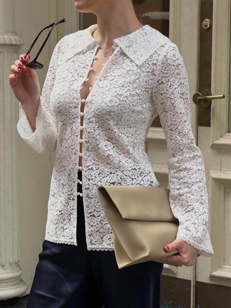 Women's lace blouse with floral lace, shirt collar and fabric ball button placket Mune Fashion