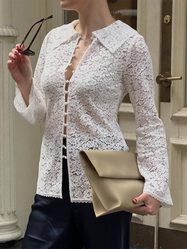 Women's lace blouse with floral lace, shirt collar and fabric ball button placket Mune Fashion