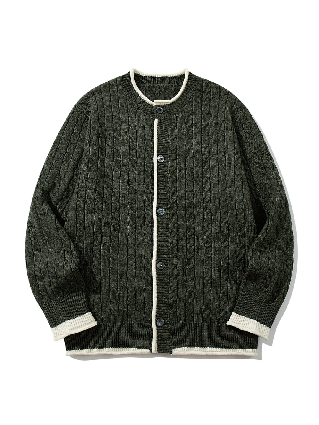 Unisex Cable Knit Cardigan with Round Neck, Contrasting Cuffs and Continuous Button Placket Mune Fashion