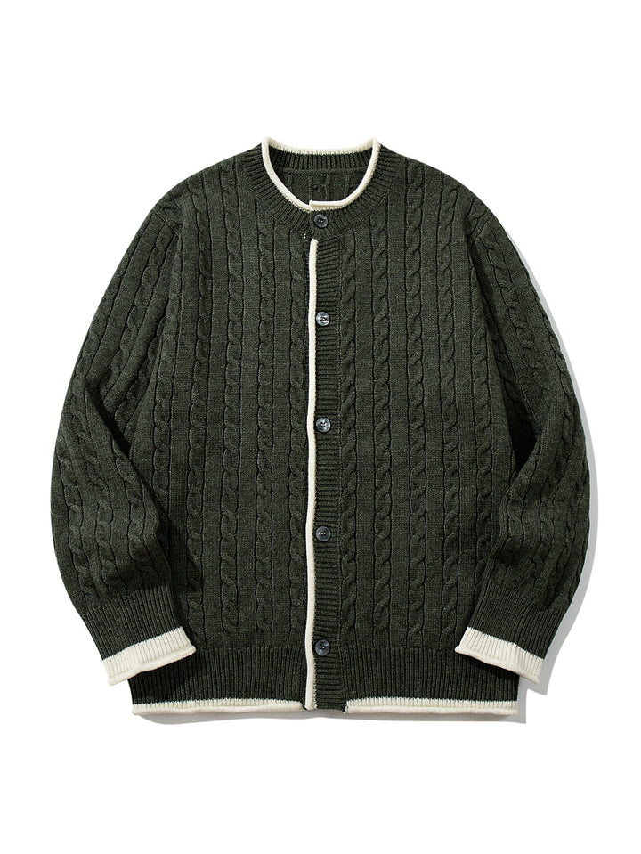 Unisex Cable Knit Cardigan with Round Neck, Contrasting Cuffs and Continuous Button Placket Mune Fashion