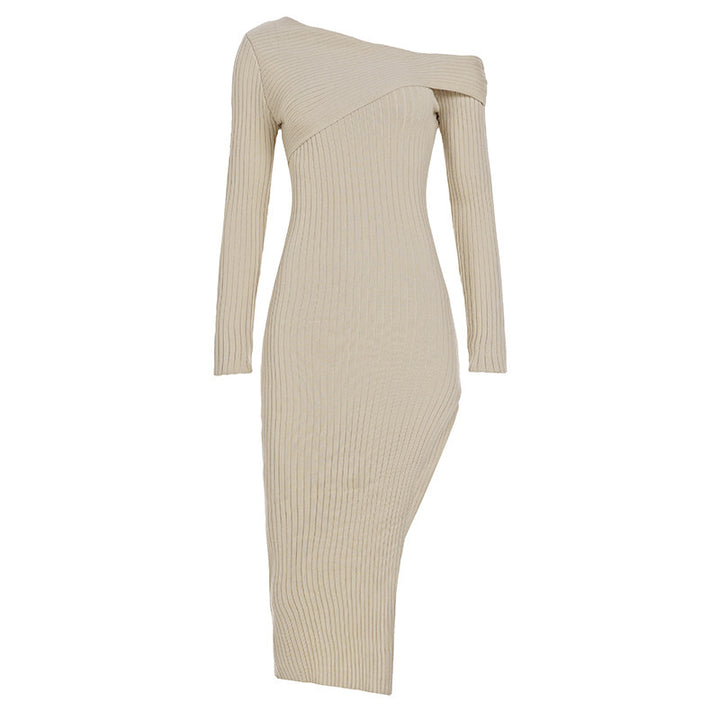 Women’s figure-hugging one-shoulder ribbed dress with asymmetric neckline and form-fitting midi silhouette Mune Fashion