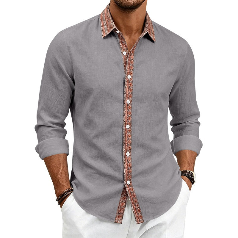 Men's Linen Look Shirt with Contrasted Ethno Trim and Continuous Button Placket Mune Fashion