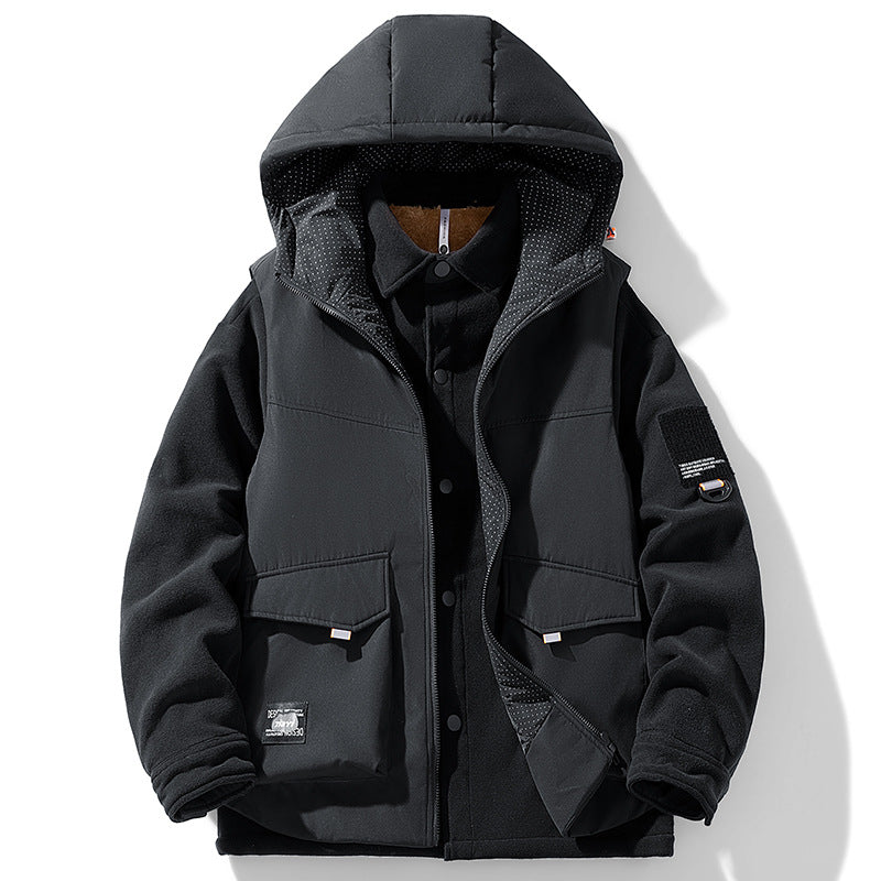Men's Warm Outdoor Hooded Jacket with Fleece Inner Layer and Multifunction Pockets Mune Fashion