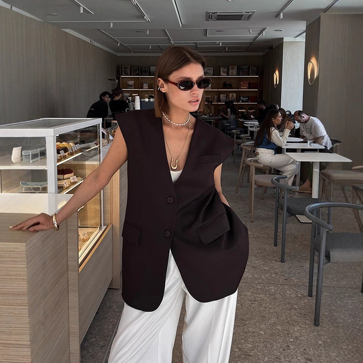 Women Sleeveless Long Blazer Vest with Structured Shoulders and Long Ties Mune Fashion
