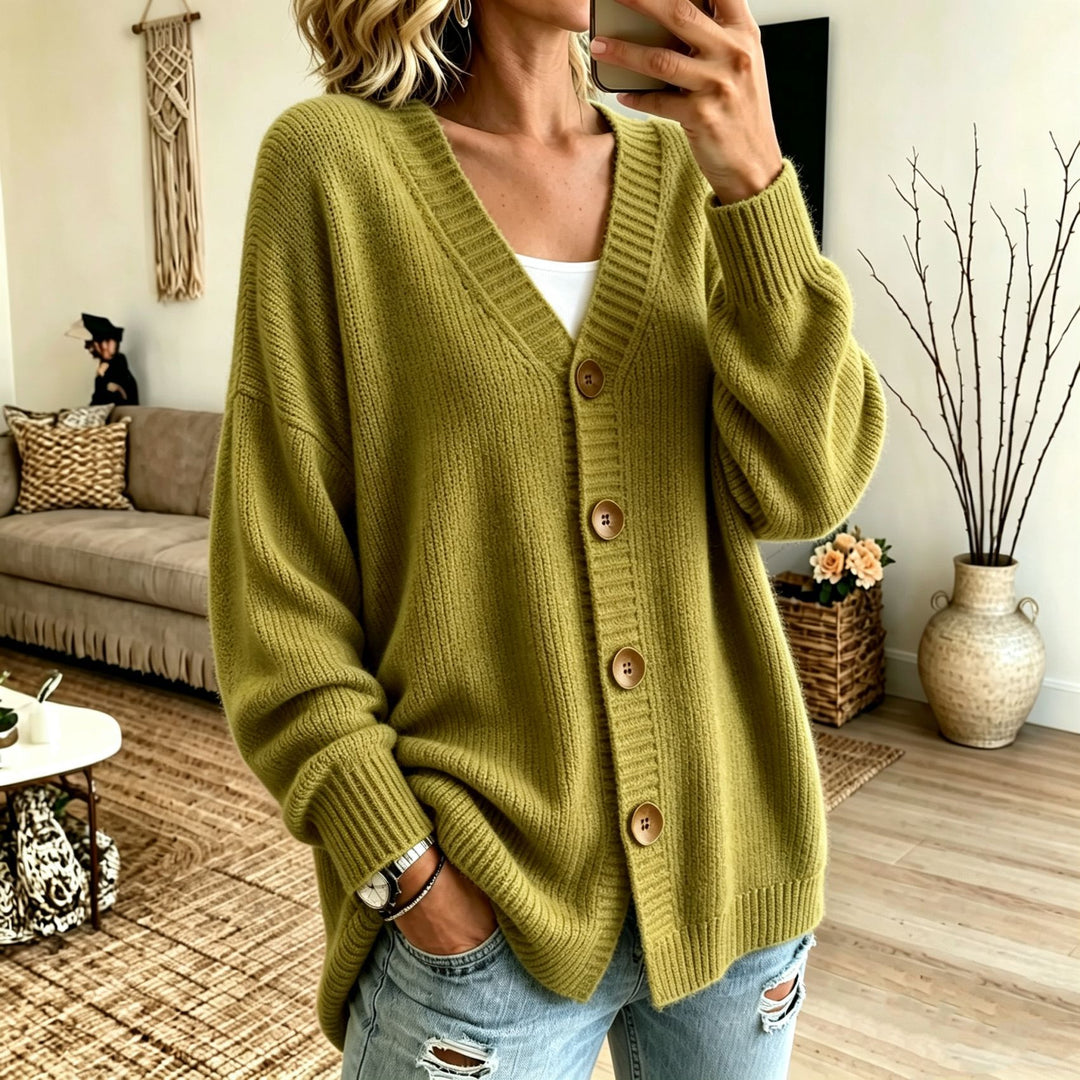 Women's Loose Longline Cardigan with Deep V-Neck and Wooden Buttons Mune Fashion