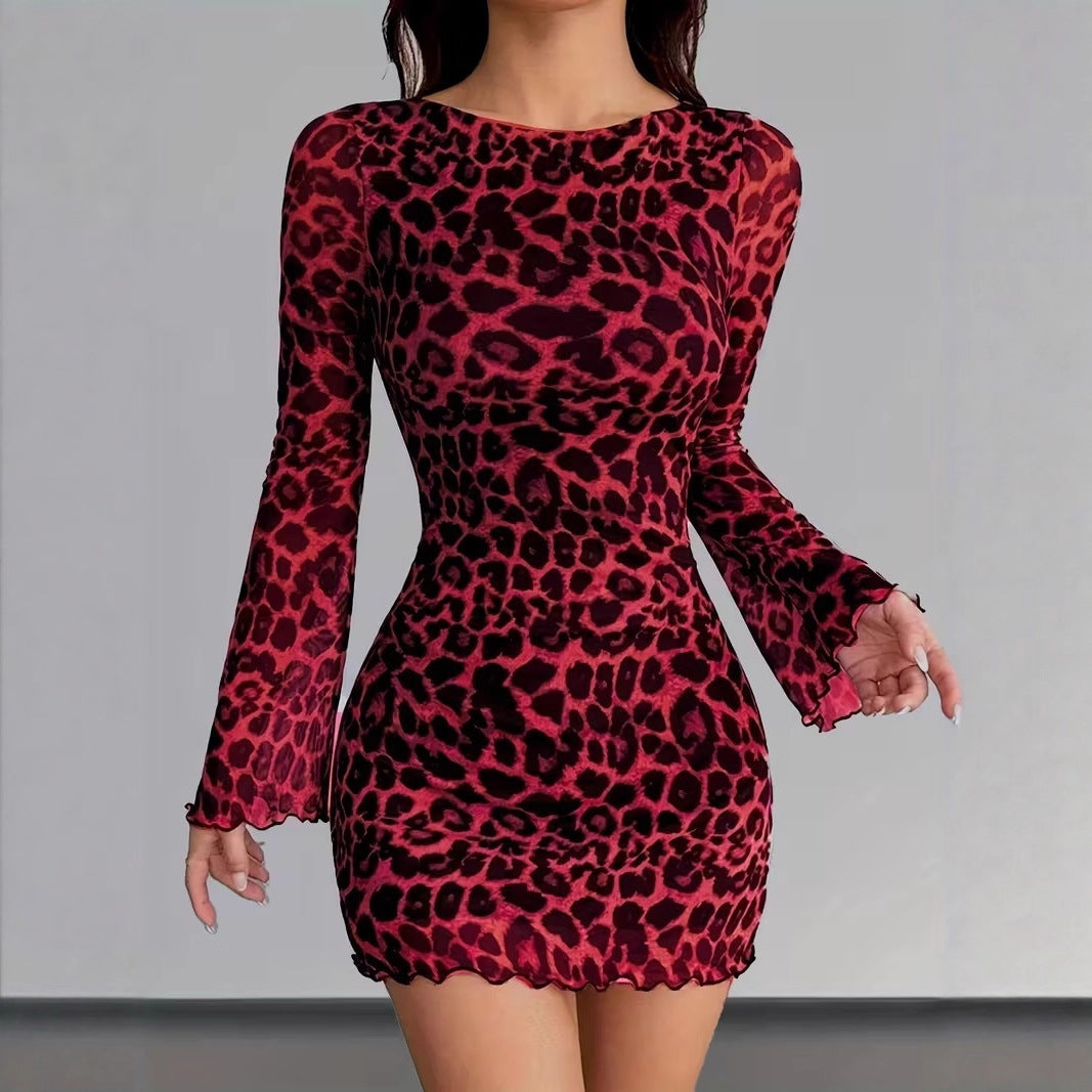 Women's Figure-Hugging Mesh Mini Dress with Leo Print and Long Sleeve Mune Fashion