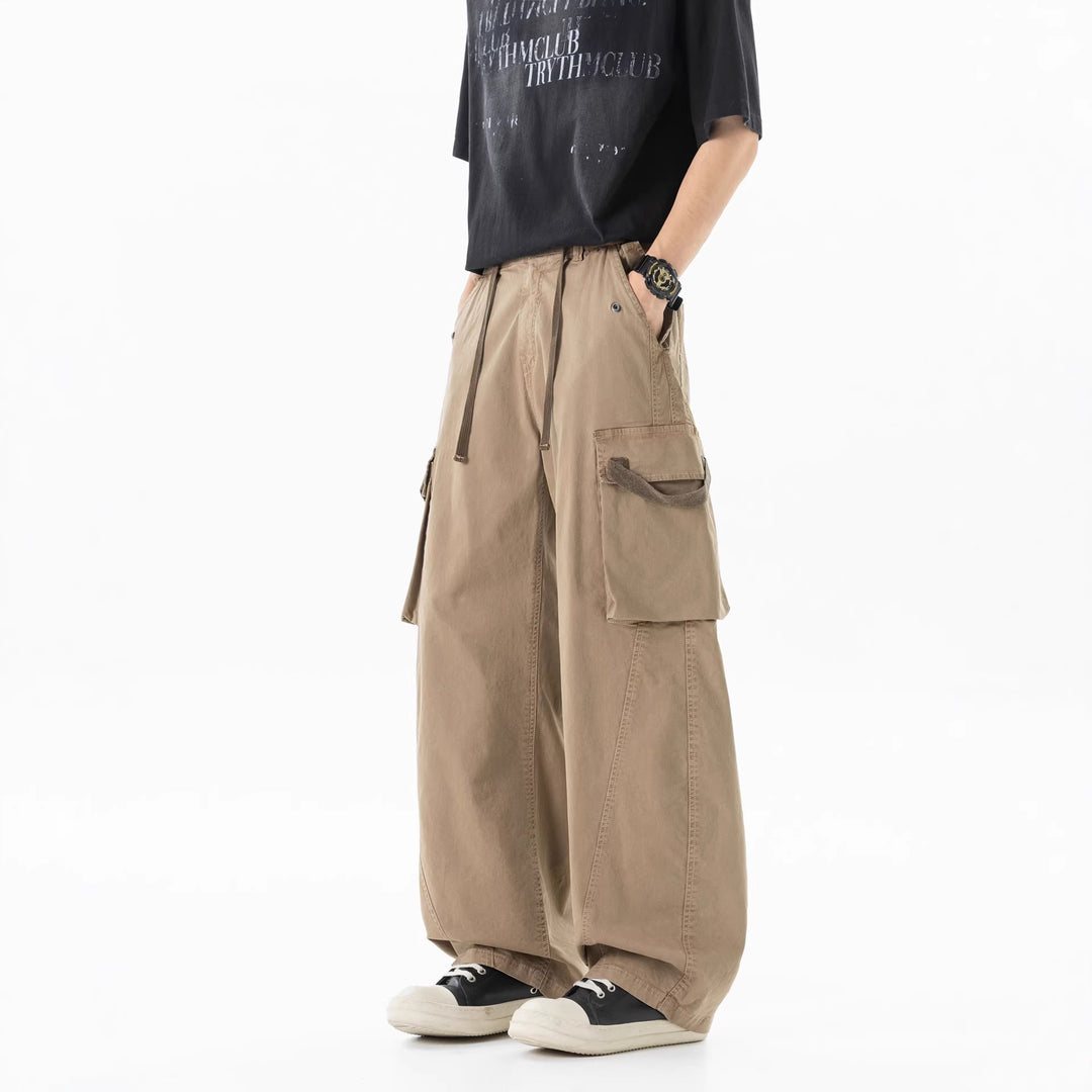 Men's Loose Cargo Pleated Pants with Drawstring and Large Flap Pockets Drune