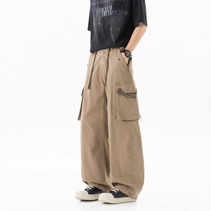 Men's Loose Cargo Pleated Pants with Drawstring and Large Flap Pockets Drune