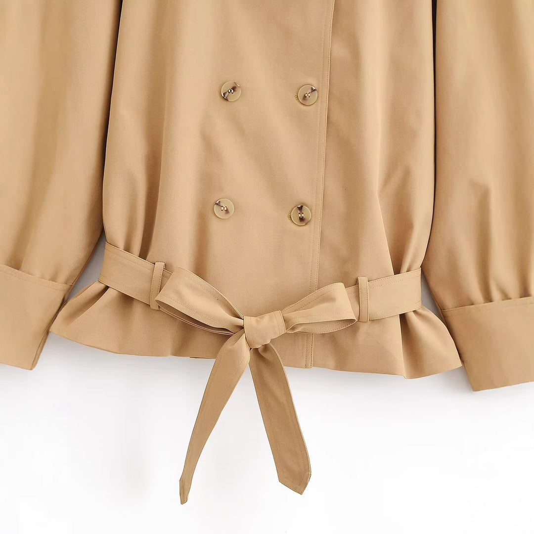 Women Short Double-Breasted Trench Coat with Peplum and Ties Mune Fashion