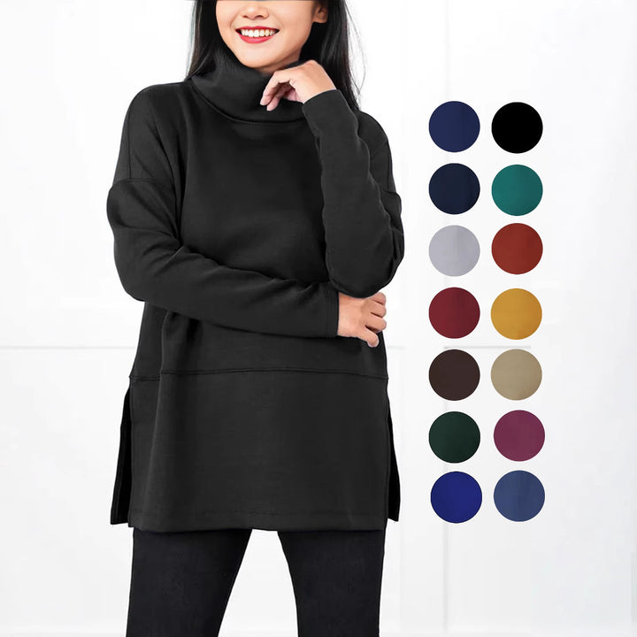 Women's Oversize Sweat Tunic with High Roll Neck, Side Slits and Extended Hem Mune Fashion