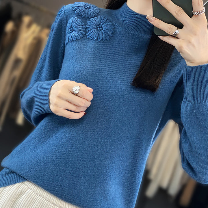 Women Soft Fine Knit Sweater with Short Stand-Up Collar, 3D Flower Application and Ribbed Cuffs Mune Fashion