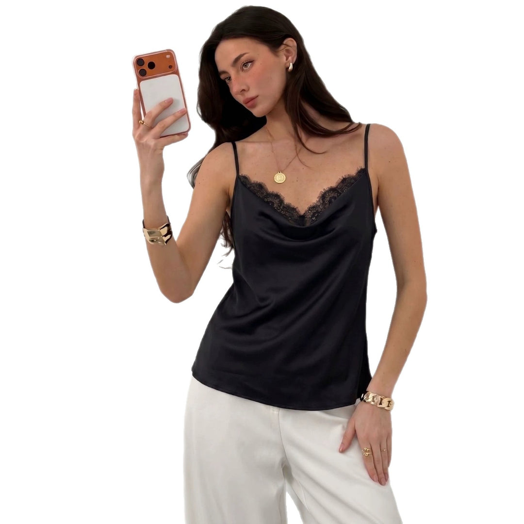 Women's lightly flowing satin spaghetti strap top with lace edge and waterfall neckline Mune Fashion