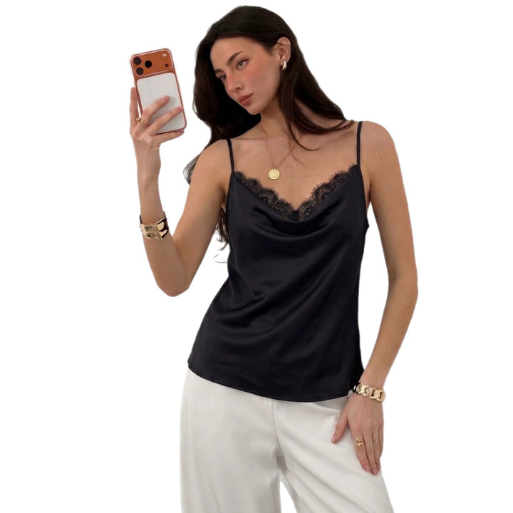 Women's lightly flowing satin spaghetti strap top with lace edge and waterfall neckline Mune Fashion