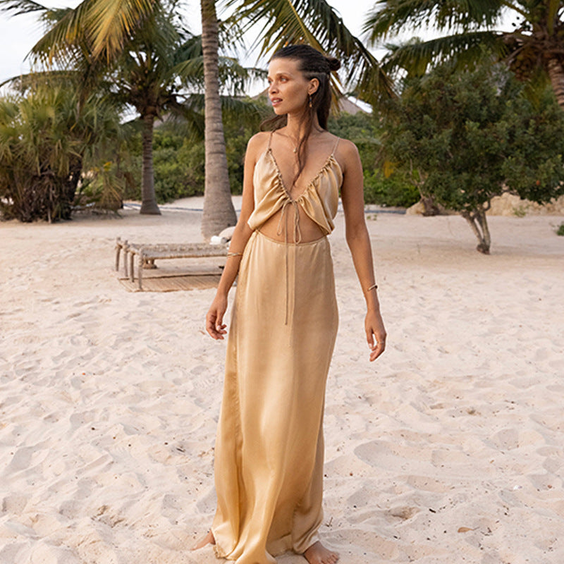 Ladies Elegant Maxi Dress with Deep V Neckline Mune Fashion