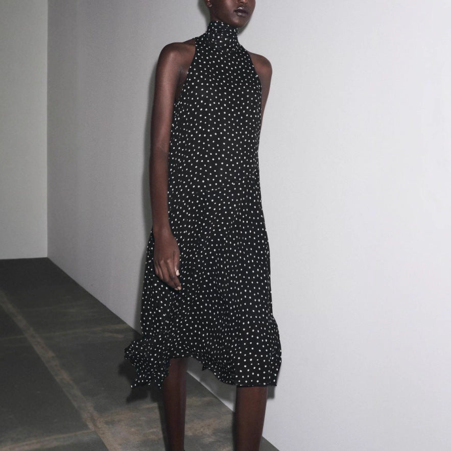 Women's sleeveless midi dress with high stand-up collar, flared ruffle skirt and polka dot pattern Mune Fashion