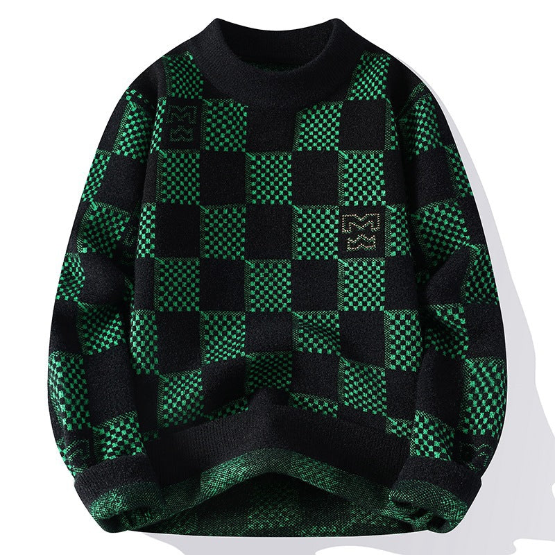 Men's checked oversized knit sweater with round neckline, soft fine knit and structured jacquard pattern Mune Fashion