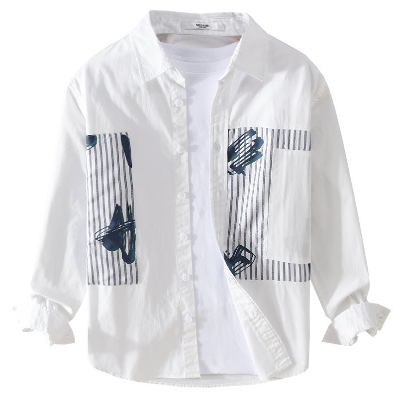 Men's Casual Overshirt made of cotton poplin with striped patch inserts and brush print Mune Fashion
