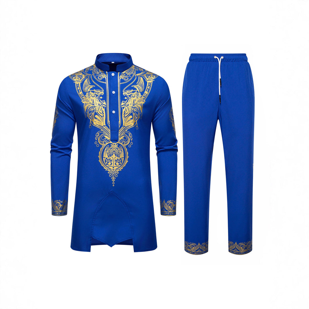 Men's Ornamental Tunic Set with Stand-Up Collar, Half Button Placket and Gold-Embellished Print Mune Fashion