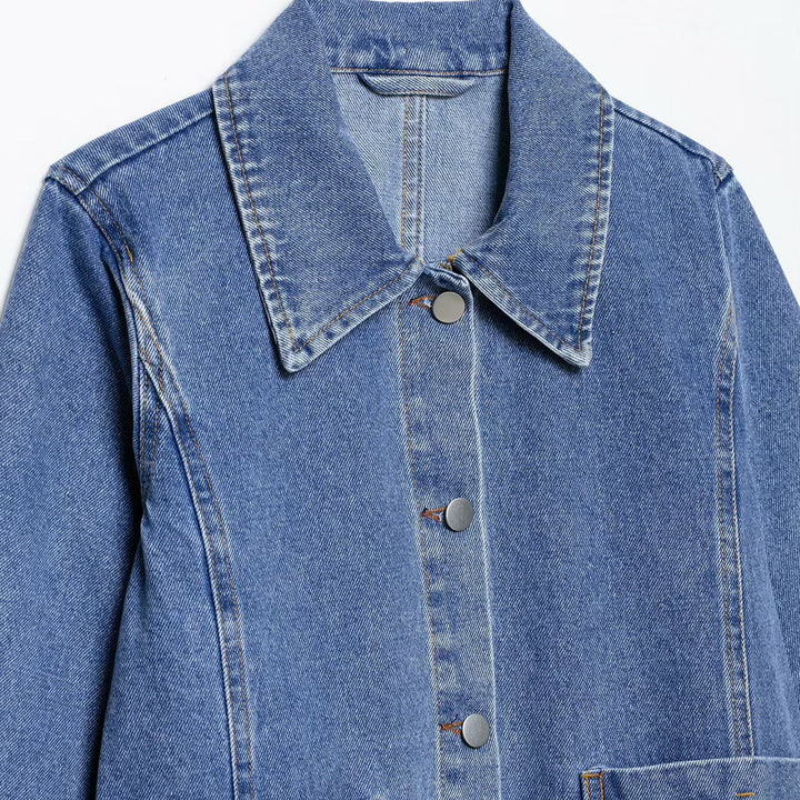 Women Oversized Denim Jacket with Shirt Collar and Large Patch Pockets Mune Fashion