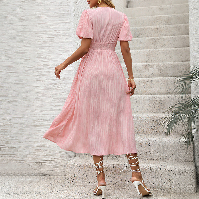 Ladies figure-flattering midi dress with ribbed texture, puff sleeves, and V-neck Mune Fashion