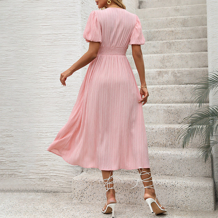 Ladies figure-flattering midi dress with ribbed texture, puff sleeves, and V-neck Mune Fashion