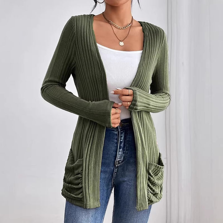 Women Ribbed Long Cardigan with Open Front, Pockets and Relaxed Fit Drune