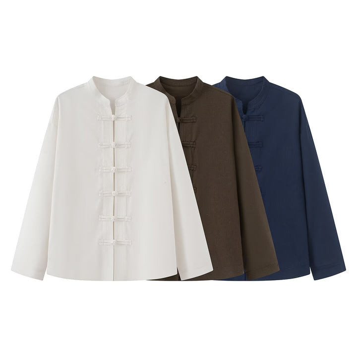Women Loose Fit Blouse in Mandarin Look with Knot Buttons Mune Fashion